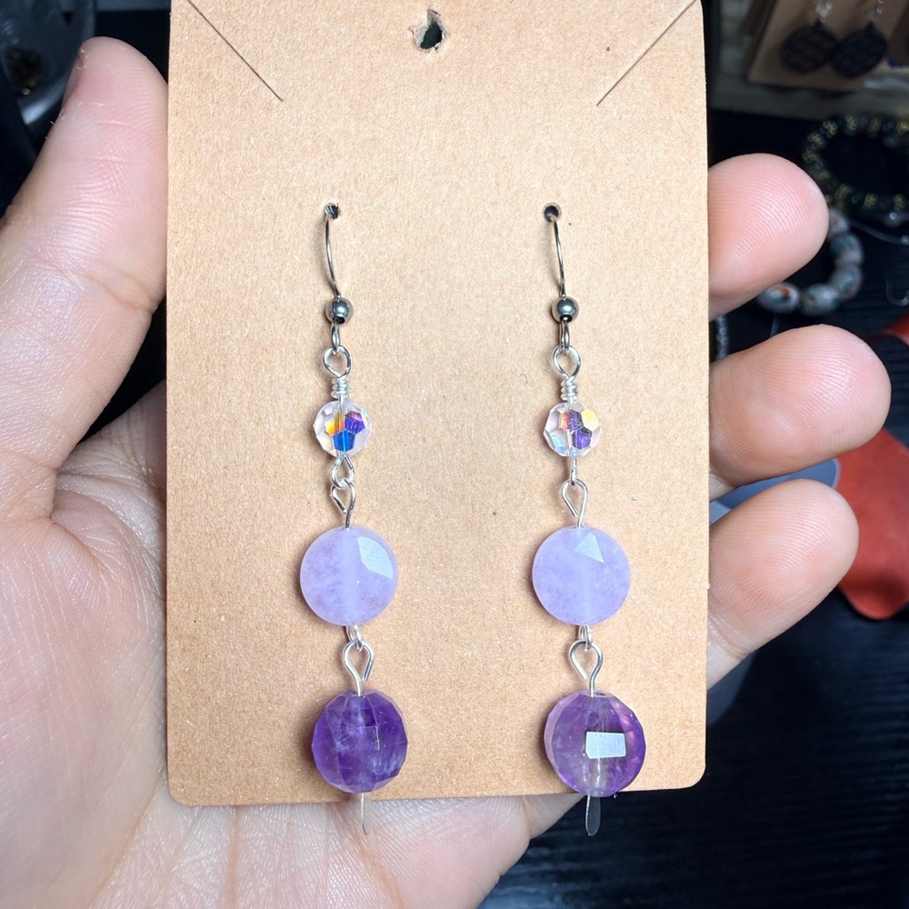 Amethyst & Purple Quartz Earrings with Swarovski Crystal Accent - Picture 4 of 4